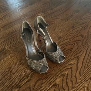Talbots silver satin platform heels. 8.5. Ankle strap